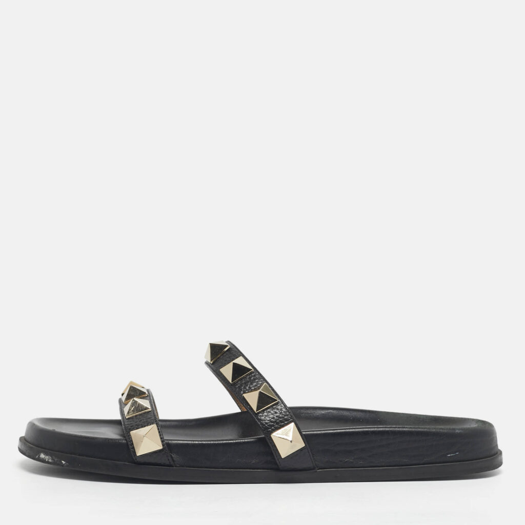Valentino Black Leather Rockstud Flat Slide Size 41