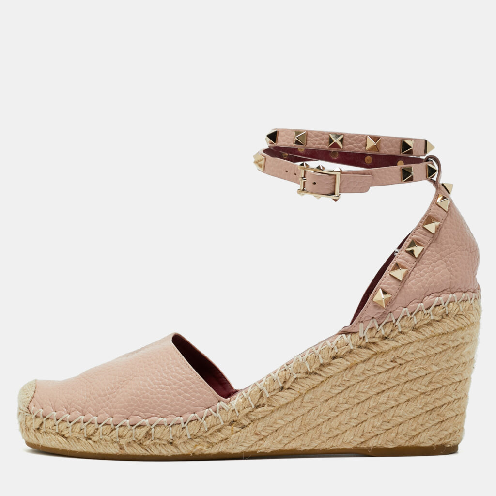 Valentino Blush Pink Leather Rockstud Ankle Strap Wedge Espadrille Sandals Size 41
