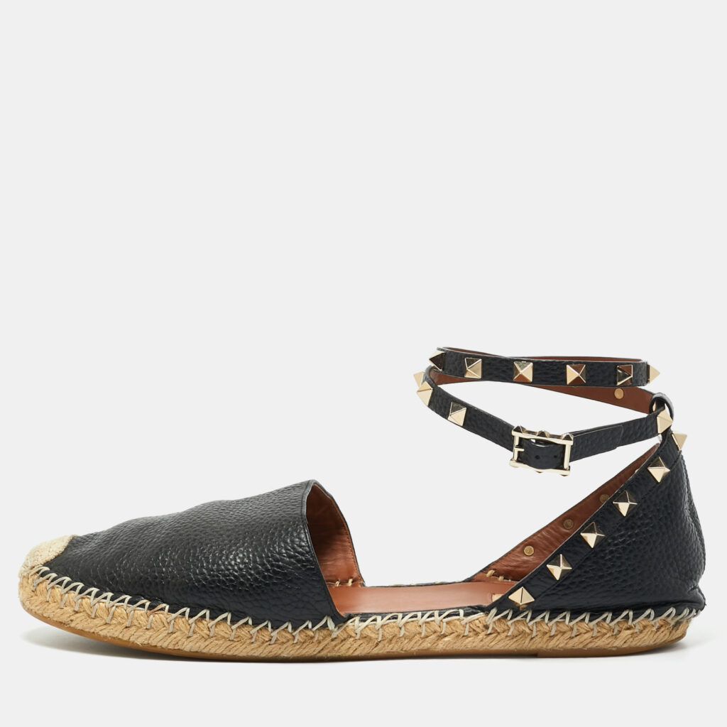 Valentino Black Leather Rockstud Espadrilles Ankle Strap Flats Size 41 Valentino Black Leather Rockstud Espadrilles Ankle Strap Flats Size 41
