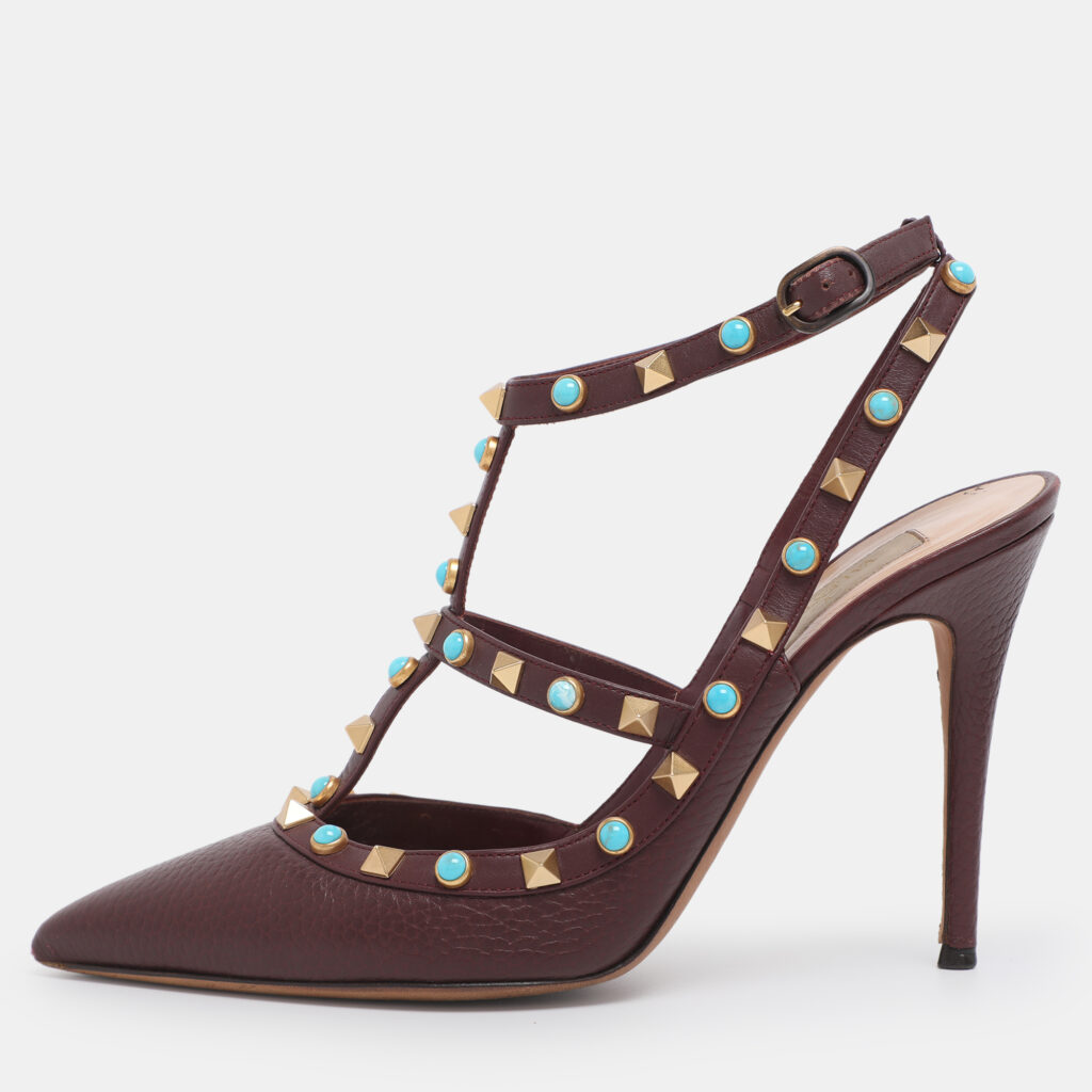 Valentino Burgundy Leather Rolling Rockstud Ankle Strap Sandals Size 39 Valentino Burgundy Leather Rolling Rockstud Ankle Strap Sandals Size 39