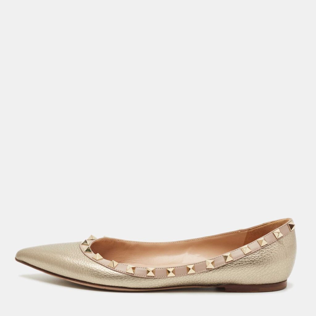 luxury-women-valentino-used-shoes-p1206349-001-1.jpg Valentino Gold/Dusty Pink Leather Rockstud Ballet Flats Size 39