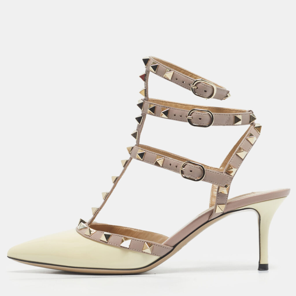 Valentino Cream Leather and Patent Leather Rockstud Pumps Size 37