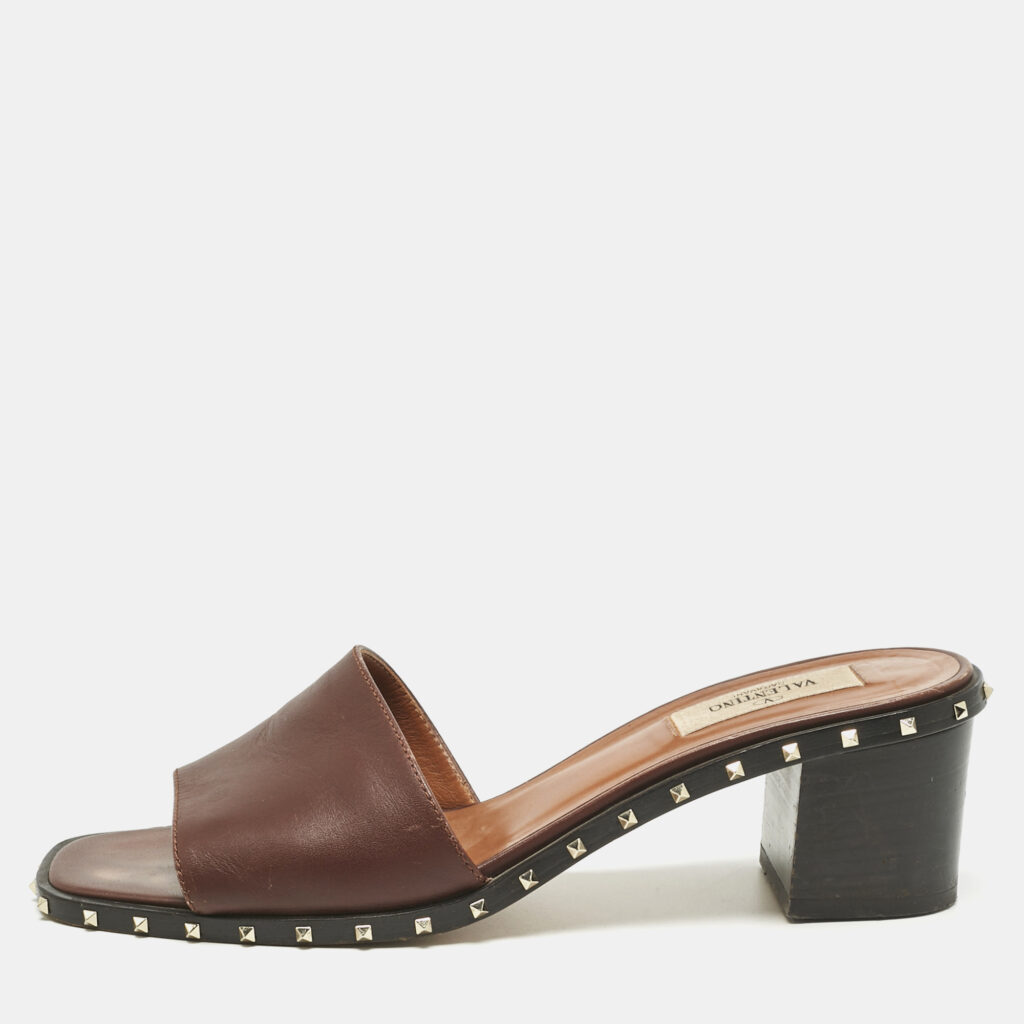 Valentino Brown Leather Rockstud Open Toe Slide Sandals Size 38 Valentino Brown Leather Rockstud Open Toe Slide Sandals Size 38