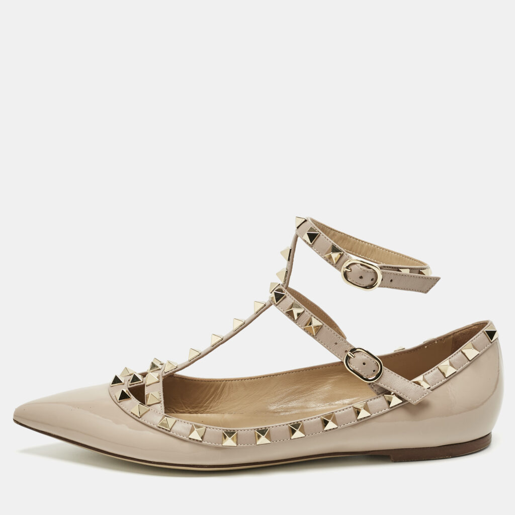 Valentino Beige Leather and Patent Leather Rockstud Ballet Flats Size 38.5 Valentino Beige Leather and Patent Leather Rockstud Ballet Flats Size 38.5