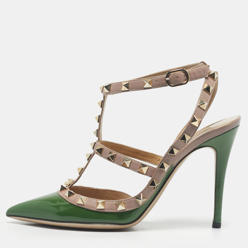 Valentino Beige/Green Leather and Patent Rockstud Pumps Size 36