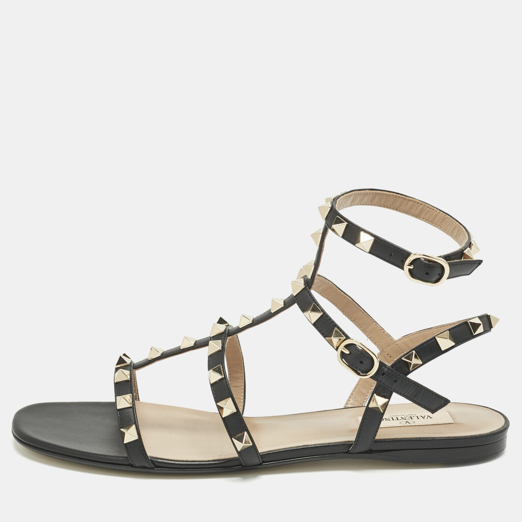 Valentino Black Leather Rockstud Flat Sandals Size 40 Valentino Black Leather Rockstud Flat Sandals Size 40