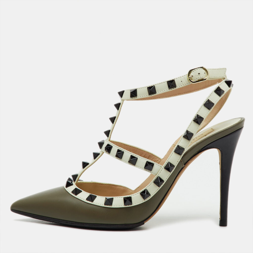 Valentino White/Olive Green Leather Rockstud Ankle Strap Pumps Size 37.5