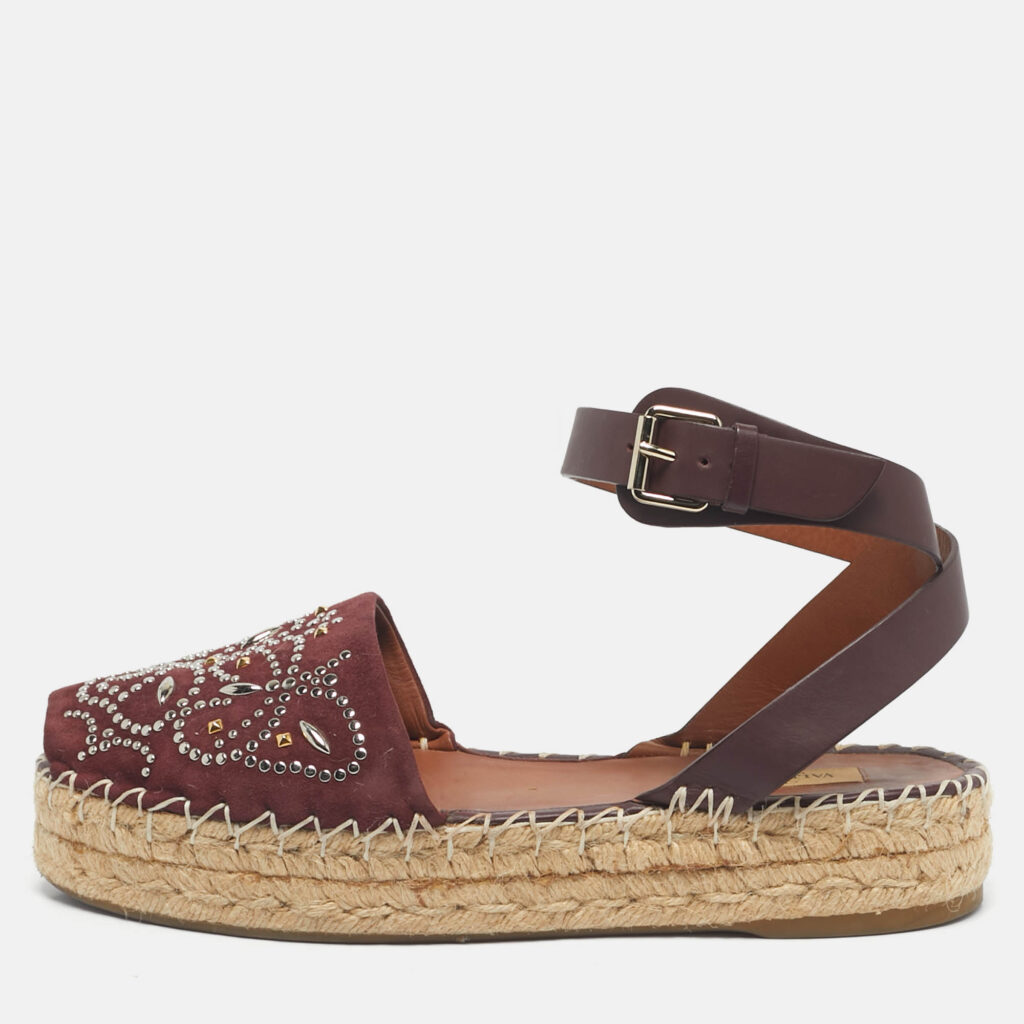 Valentino Burgundy Embellished Suede and Leather Ankle Strap Espadrille Flats Size 40 Valentino Burgundy Embellished Suede and Leather Ankle Strap Espadrille Flats Size 40
