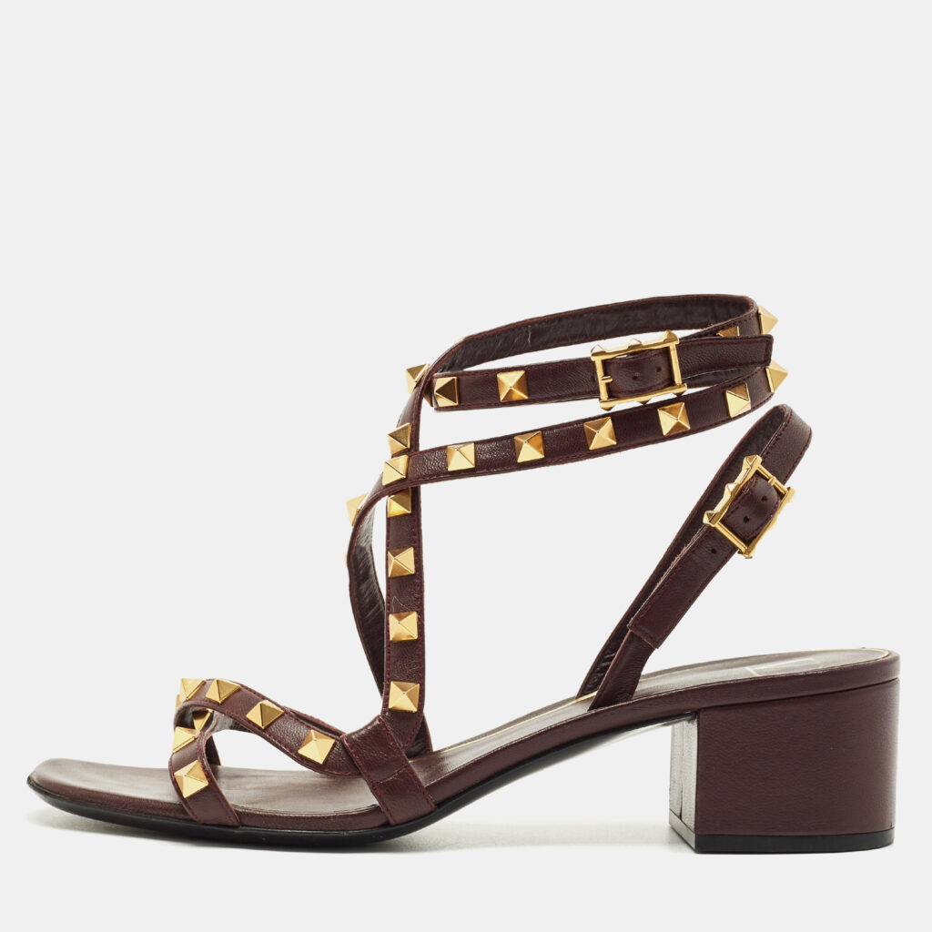 Valentino Burgundy Leather Rockstud Ankle Strap Block Heel Sandals Size 38.5