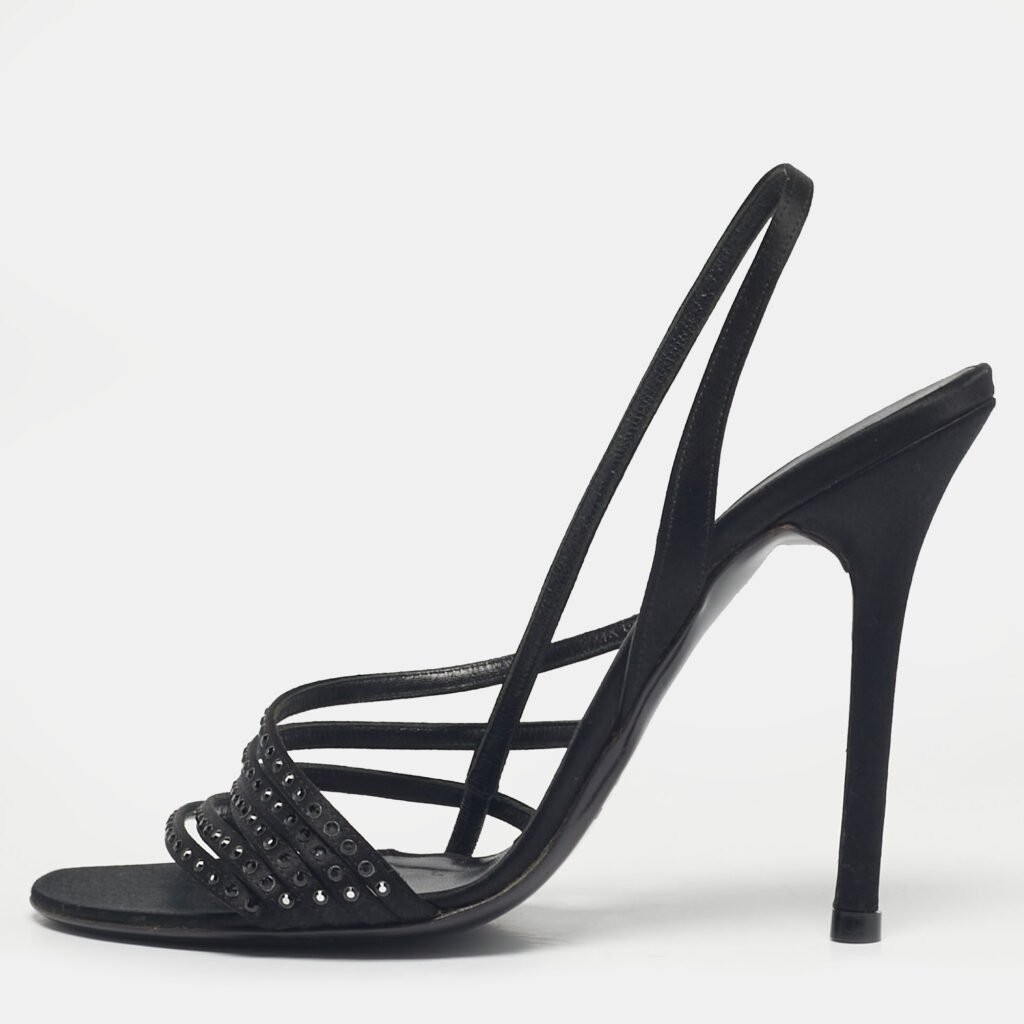 Valentino Black Satin Crystal Embellish Slingback Sandals Size 37.5