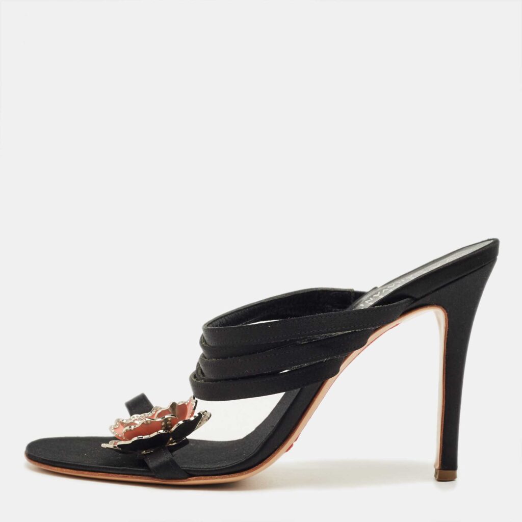 Valentino Black Satin Flower Embellish Slide Sandals Size 38