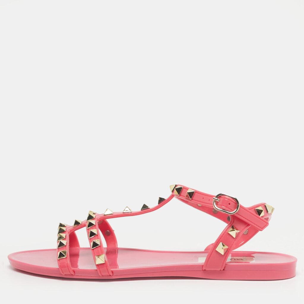 luxury-women-valentino-used-shoes-p1218982-002-1.jpg Valentino Pink Jelly Rockstud Ankle Strap Flats Size 37