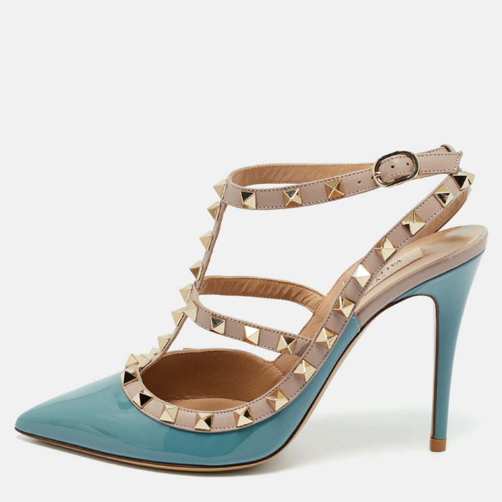Valentino Blue/Beige Leather and Patent Rockstud Ankle Strap Pumps Size 38 Valentino Blue/Beige Leather and Patent Rockstud Ankle Strap Pumps Size 38