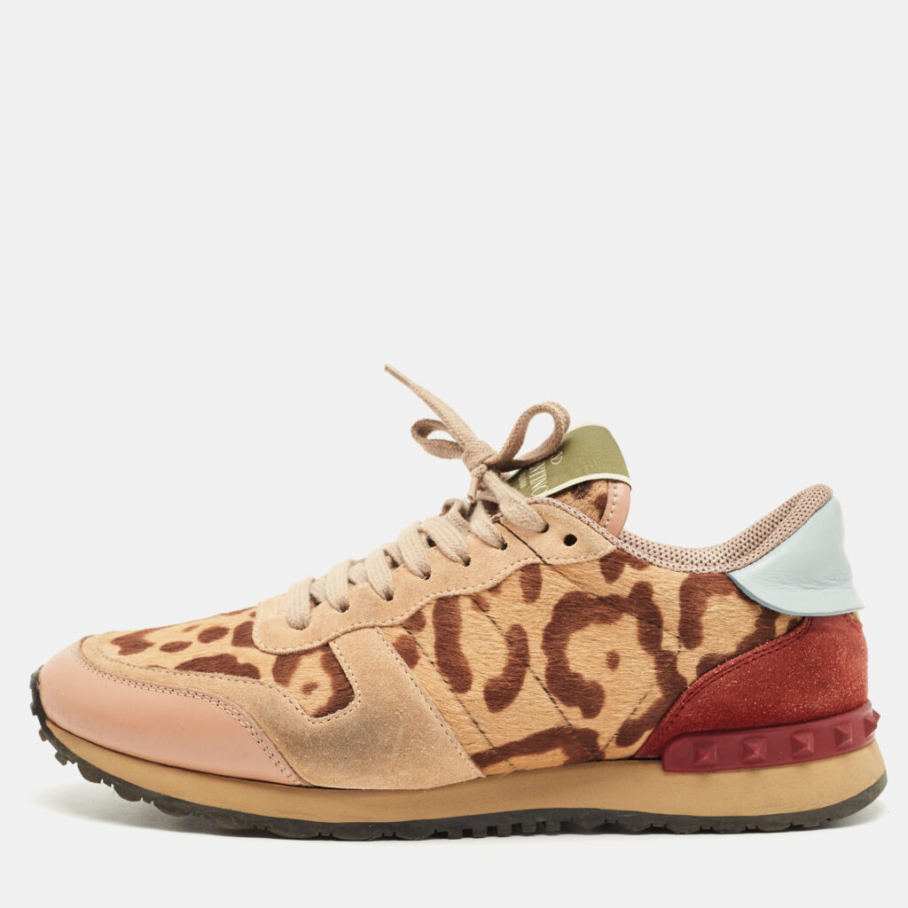 Valentino Multicolor Leopard Print Calfhair and Suede Rockrunner Sneakers Size 39