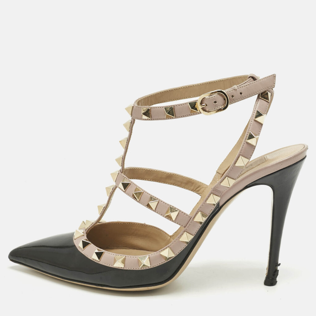 Valentino Black/Beige Patent Leather and Leather Rockstud Ankle Strap Pumps Size 37