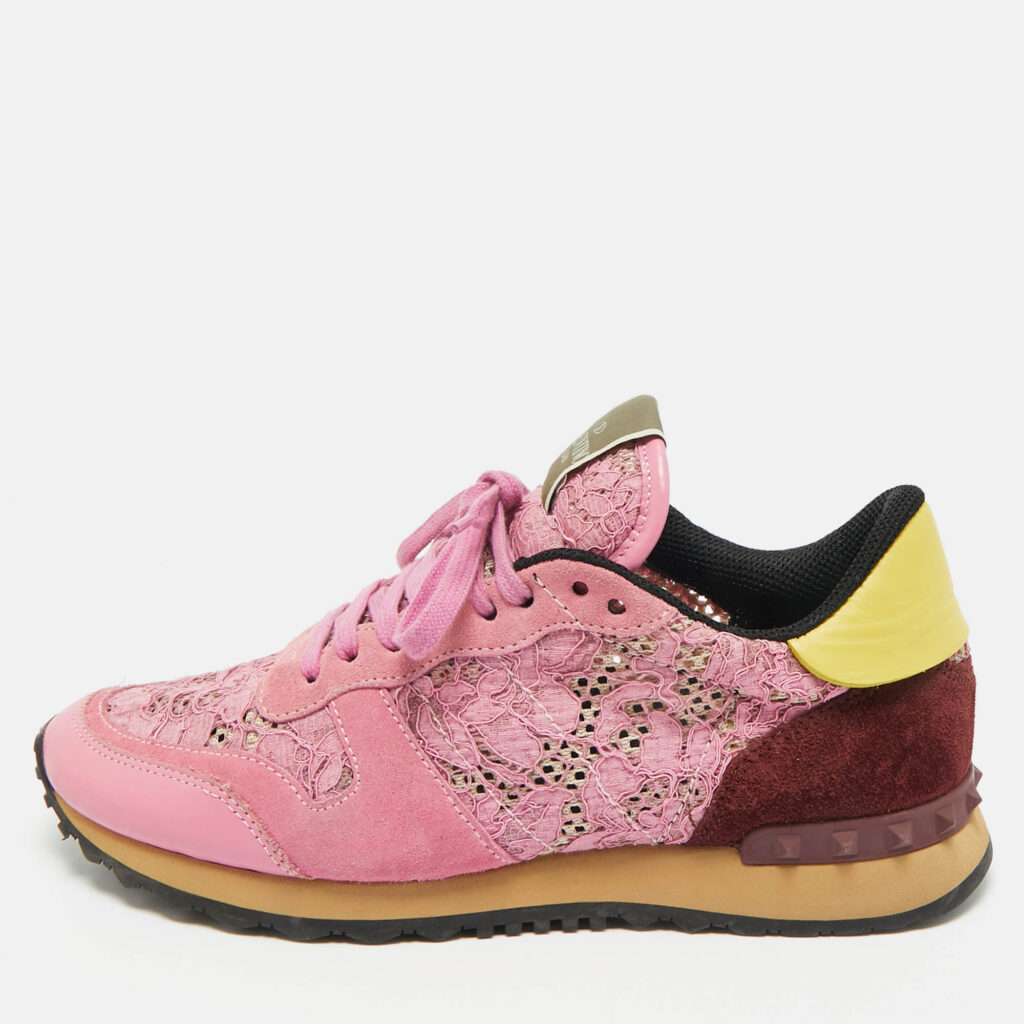 Valentino Multicolor Lace and Leather Lace Rockrunner Low Top Sneakers Size 40
