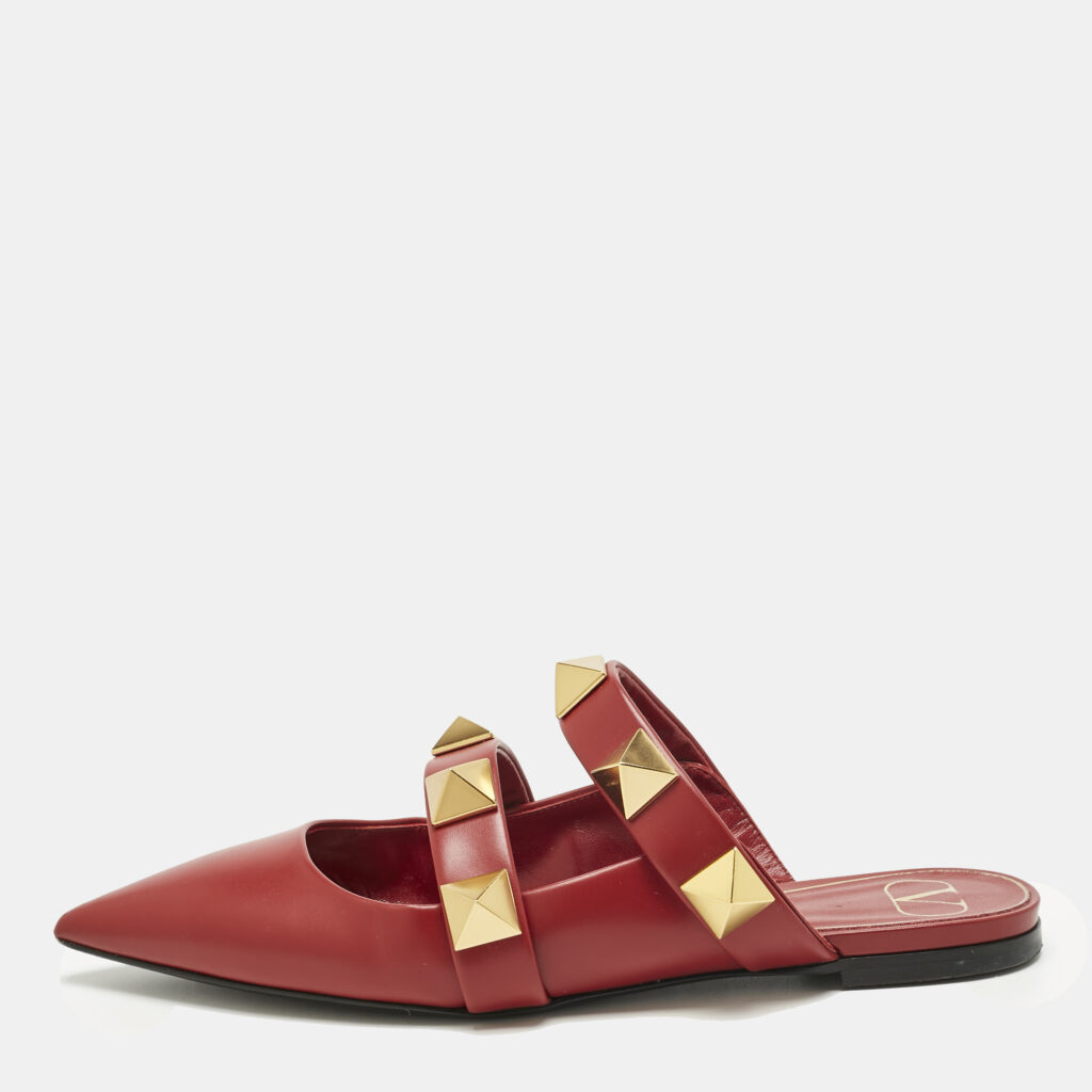 Valentino Burgundy Leather Roman Stud Flat Mules Size 38