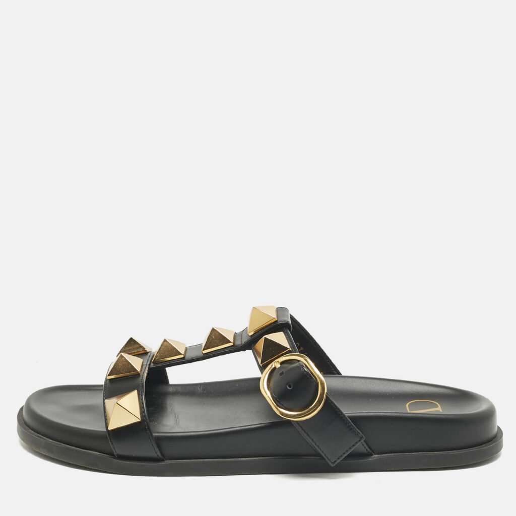 Valentino Black Leather Roman Stud Flat Slide Sandals Size 39