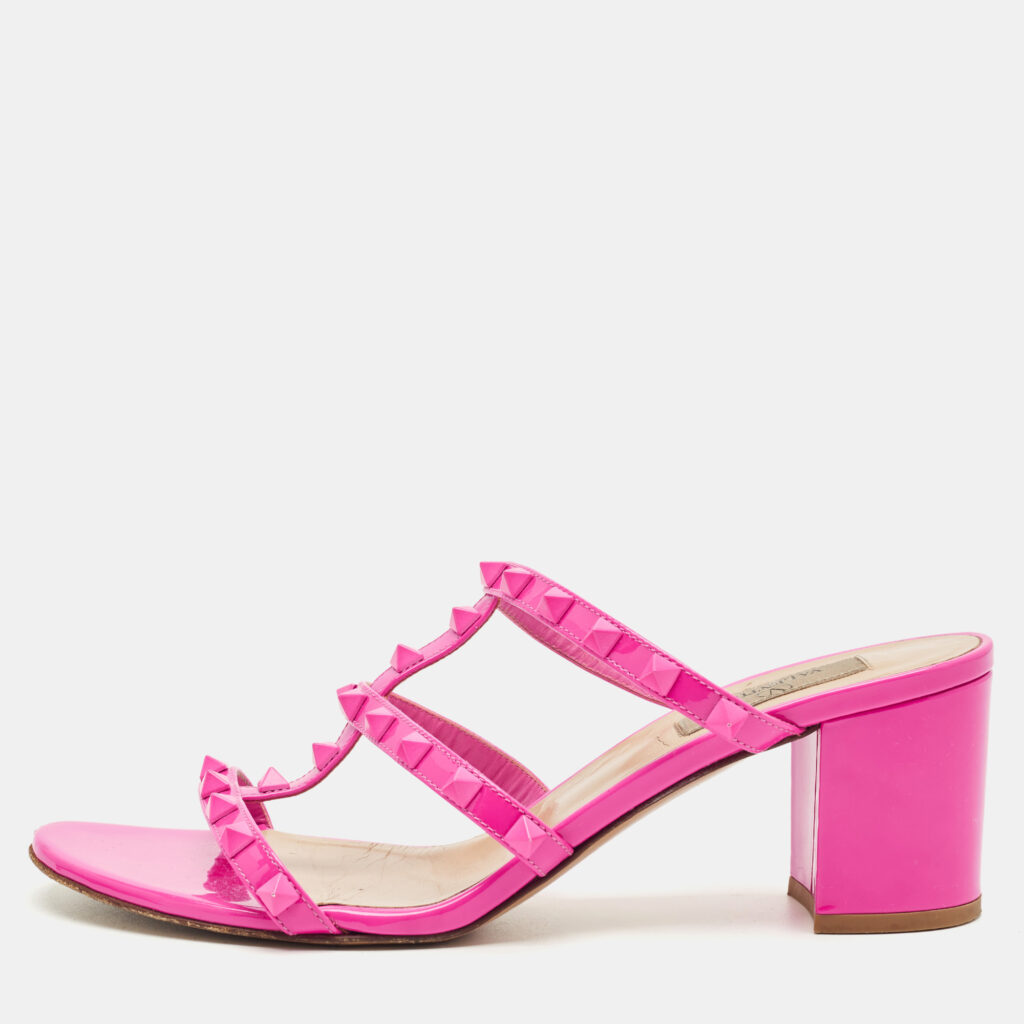 Valentino Pink Patent Leather Rockstud Slide Sandals Size 40