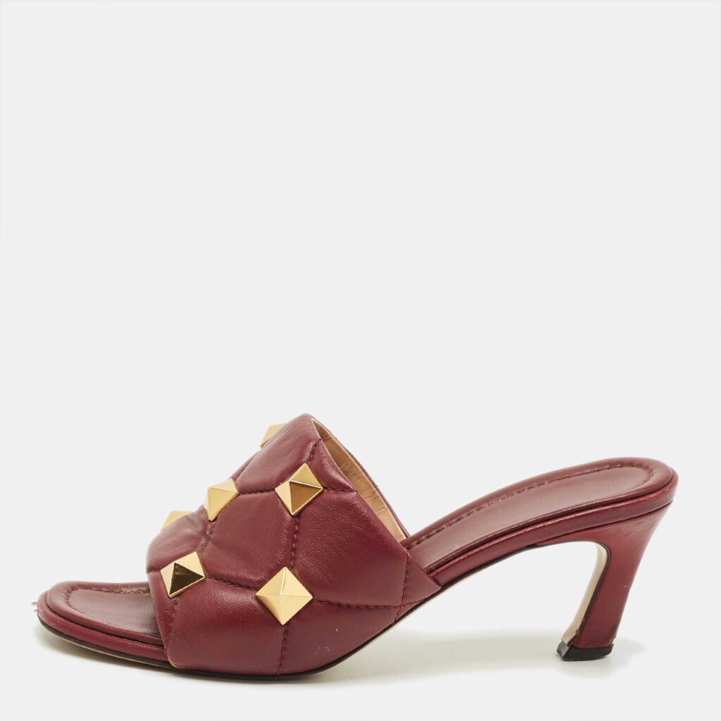 Valentino Dark Red Leather Roman Stud Slide Sandals Size 39 Valentino Dark Red Leather Roman Stud Slide Sandals Size 39