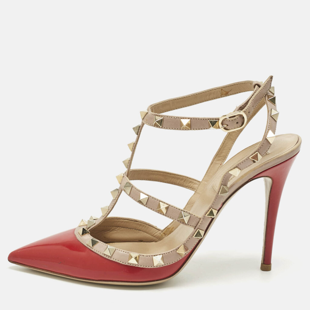 Valentino Red Leather and Patent Leather Rockstud Pumps Size 39