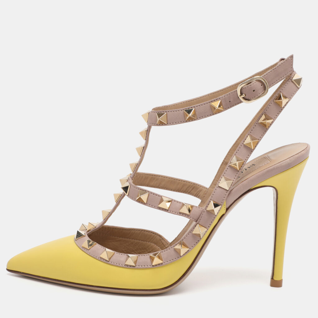 Valentino Yellow/Beige Patent Leather Rockstud Caged Ankle Strap Pumps Size 36 Valentino Yellow/Beige Patent Leather Rockstud Caged Ankle Strap Pumps Size 36