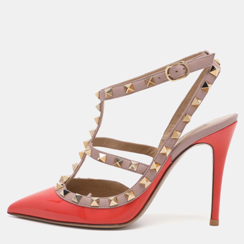 Valentino Orange/Beige Patent Leather Rockstud Caged Ankle Strap Pumps Size 36 Valentino Orange/Beige Patent Leather Rockstud Caged Ankle Strap Pumps Size 36