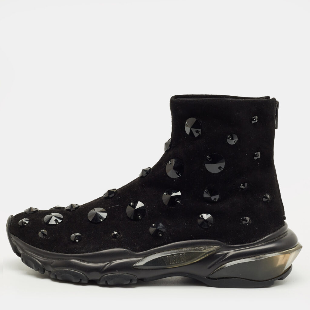 luxury-women-valentino-used-shoes-p1224532-010-1.jpg Valentino Black Suede Crystal Embellished High Top Sneakers Size 38.5
