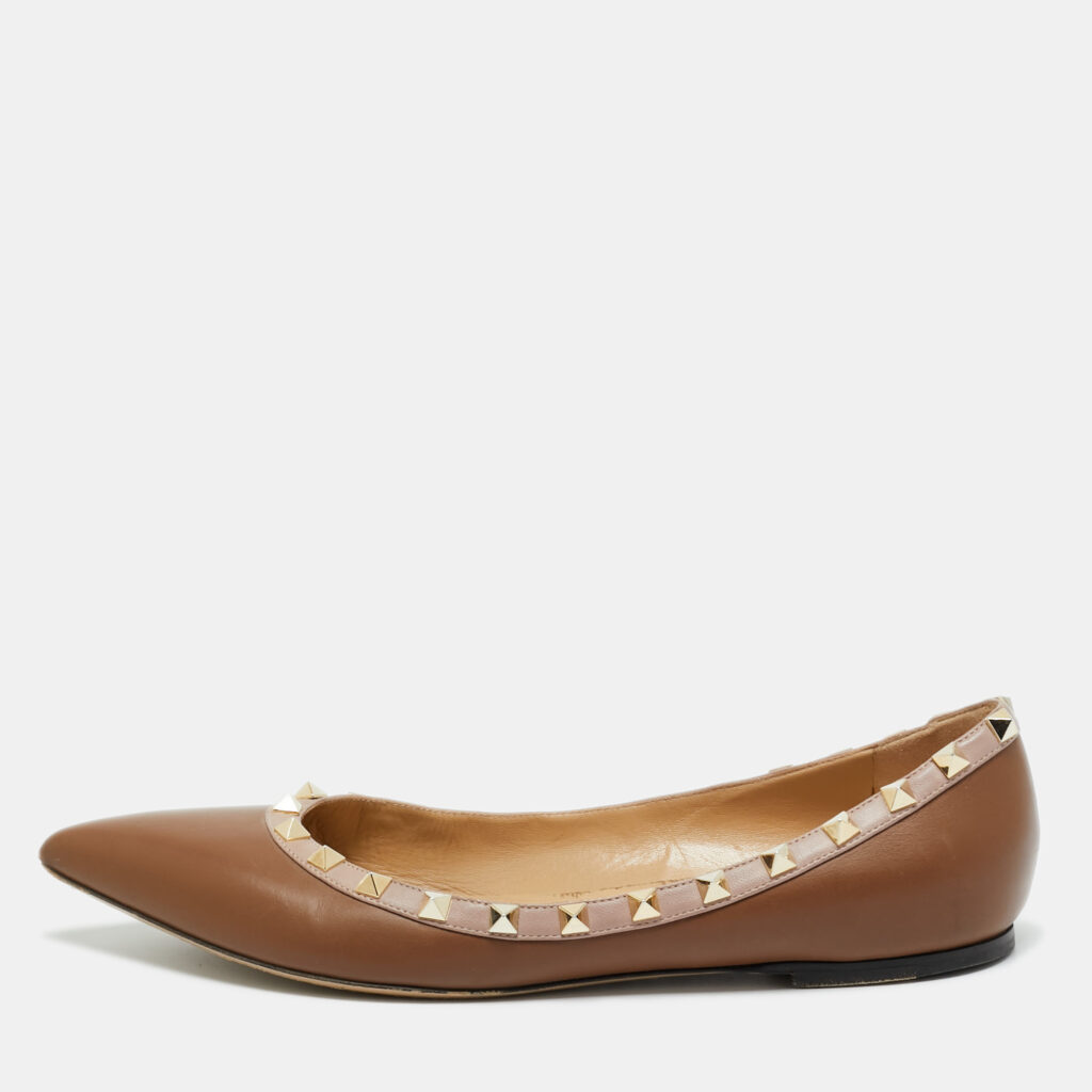 Valentino Brown/Beige Leather Rockstud Ballet Flats Size 39.5 Valentino Brown/Beige Leather Rockstud Ballet Flats Size 39.5