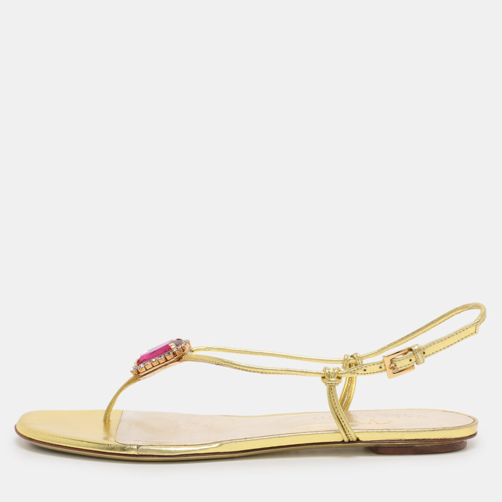 Valentino Metallic Gold Leather Embellished Flat Sandals Size 38 Valentino Metallic Gold Leather Embellished Flat Sandals Size 38