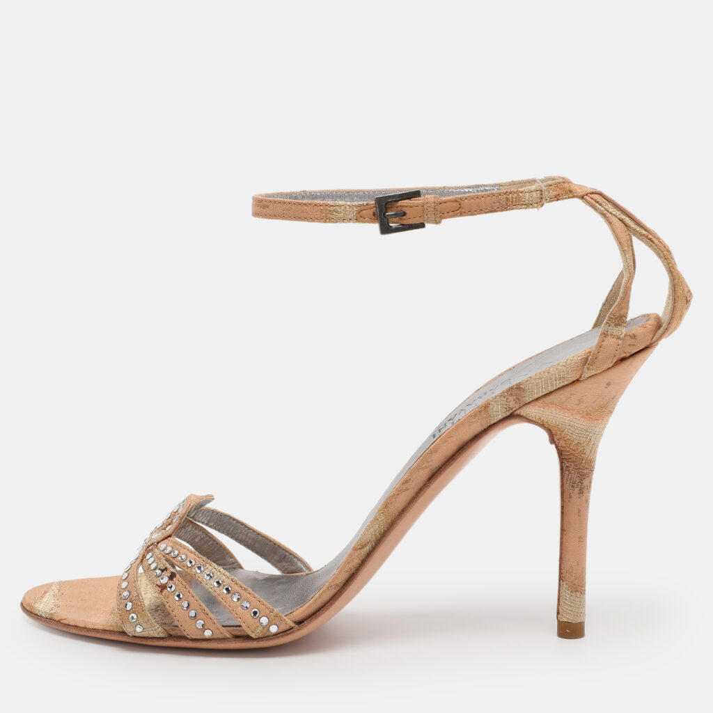 Valentino Beige Fabric Crystal Embellished Ankle Strap Sandals Size 38 Valentino Beige Fabric Crystal Embellished Ankle Strap Sandals Size 38