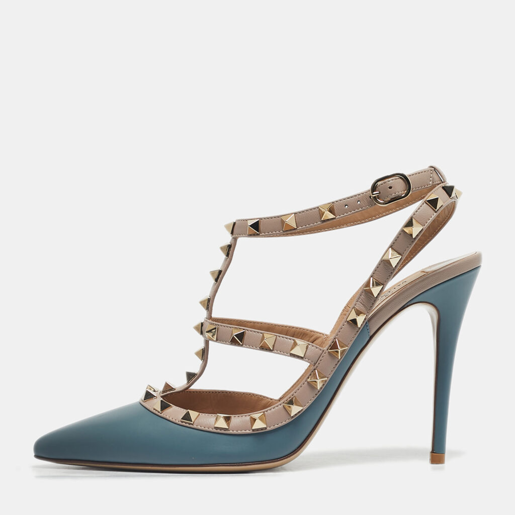 Valentino Beige/Blue Leather Rockstud Ankle Strap Pumps Size 40