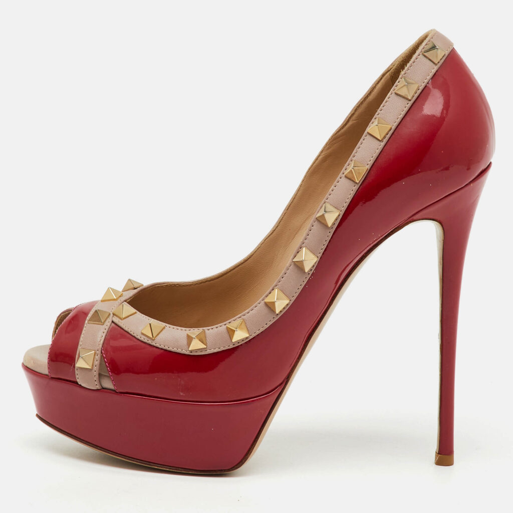Valentino Red/Dusty Pink Patent Leather Rockstud Peep Toe Platform Pumps Size 37.5 Valentino Red/Dusty Pink Patent Leather Rockstud Peep Toe Platform Pumps Size 37.5