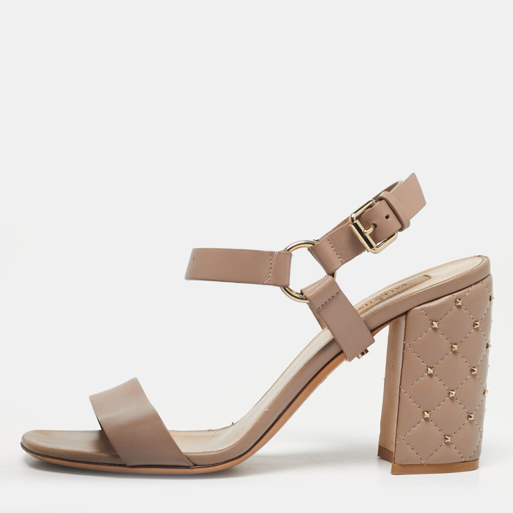 Valentino Beige Leather Rockstud Embellish Ankle Strap Sandals Size 38