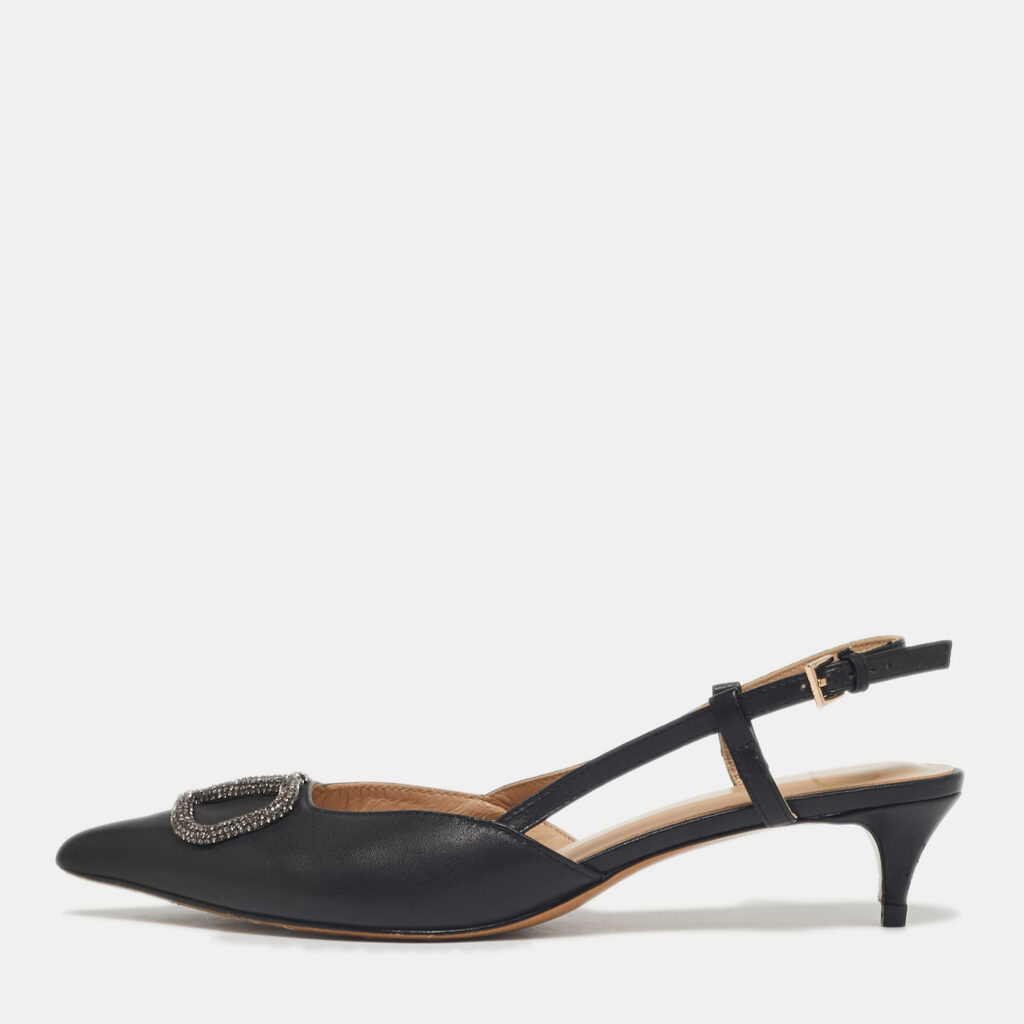 Valentino Black Leather VLogo Slingback Pumps Size 39