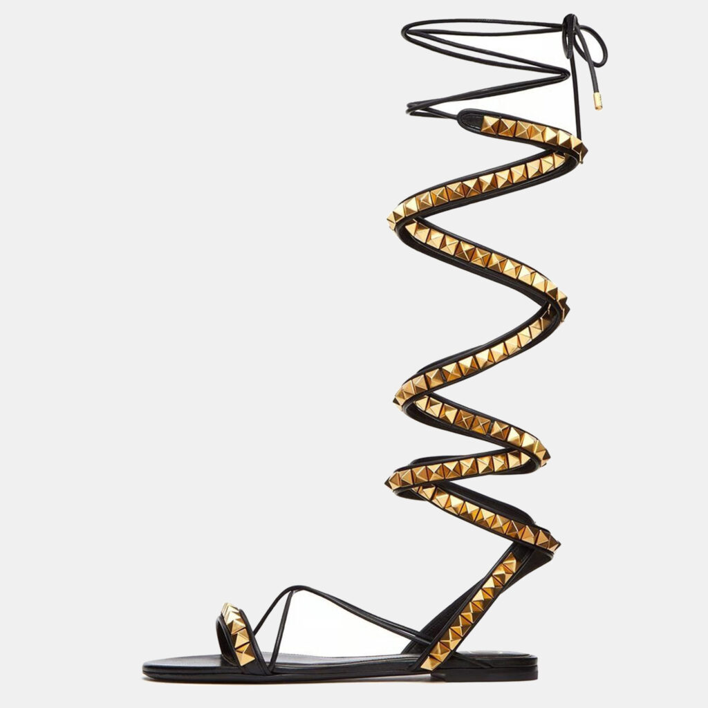 Valentino Black Leather Rockstud Ankle Wrap Sandals Size 37