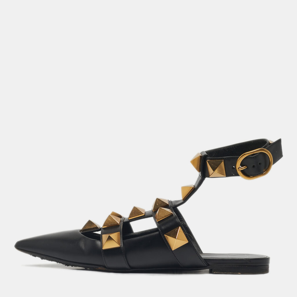 Valentino Black Leather Roman Stud Ankle Strap Ballet Flats Size 37