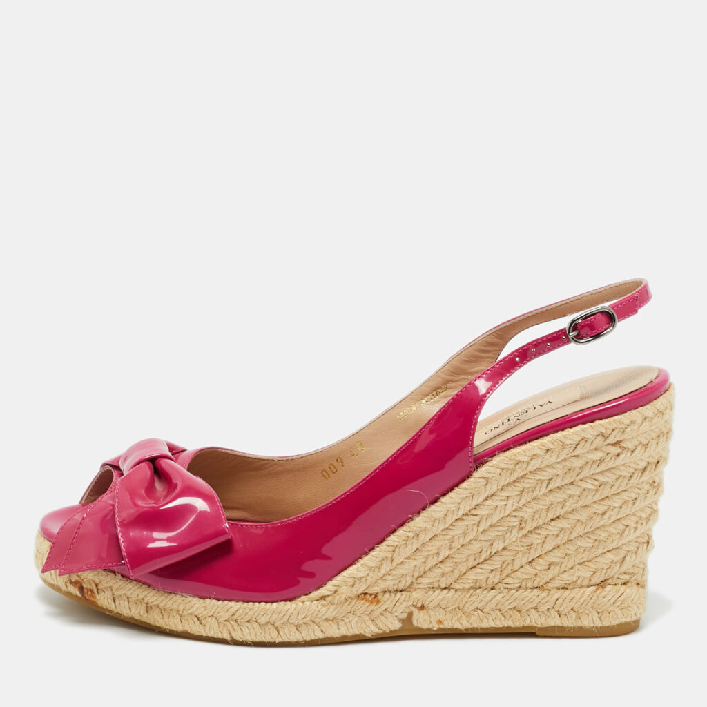 luxury-women-valentino-used-shoes-p1229006-001-1.jpg Valentino Purple Patent Leather Bow Espadrille Wedge Slingback Sandals Size 40