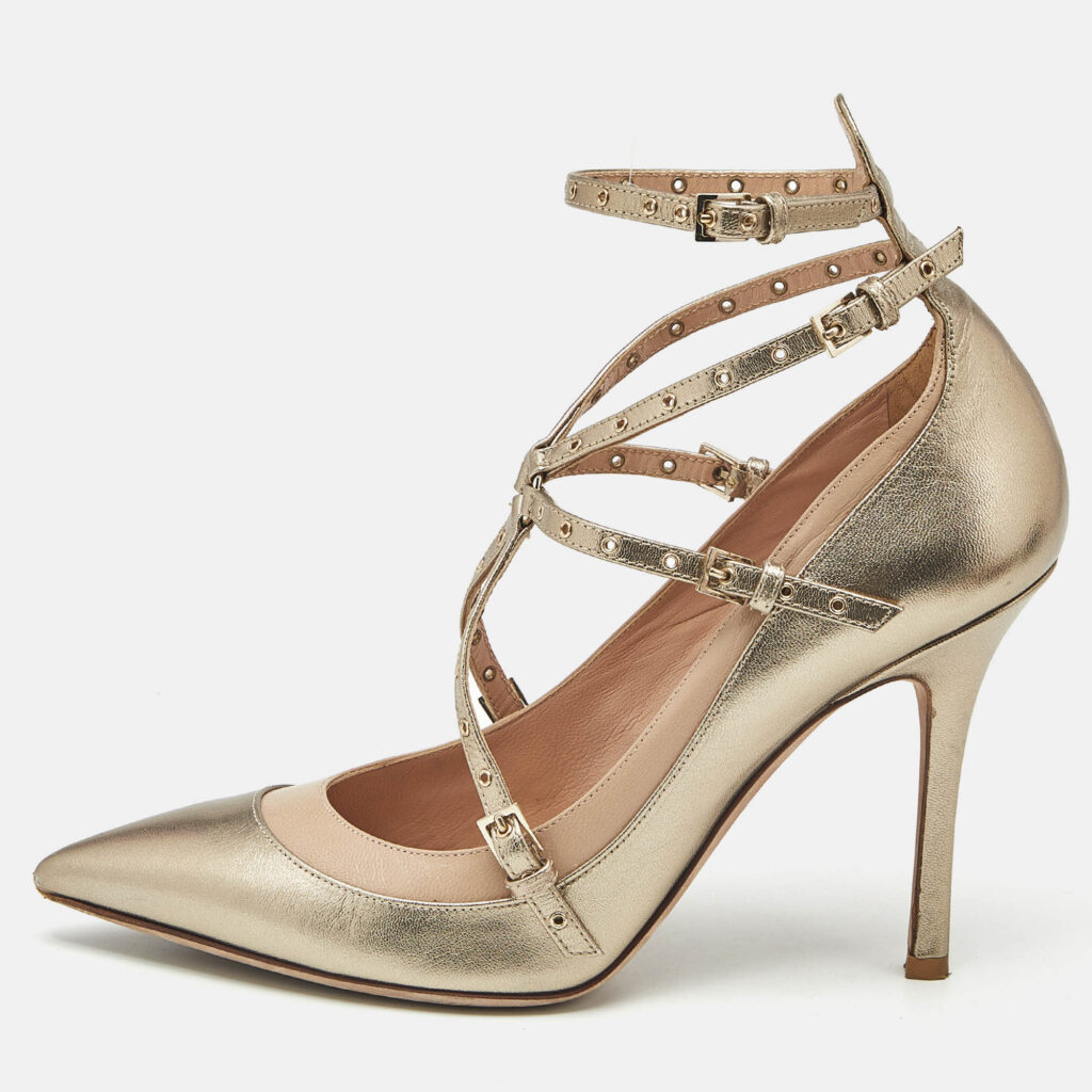 Valentino Gold/Beige Leather Love Latch Eyelet Embellished Pumps Size 38