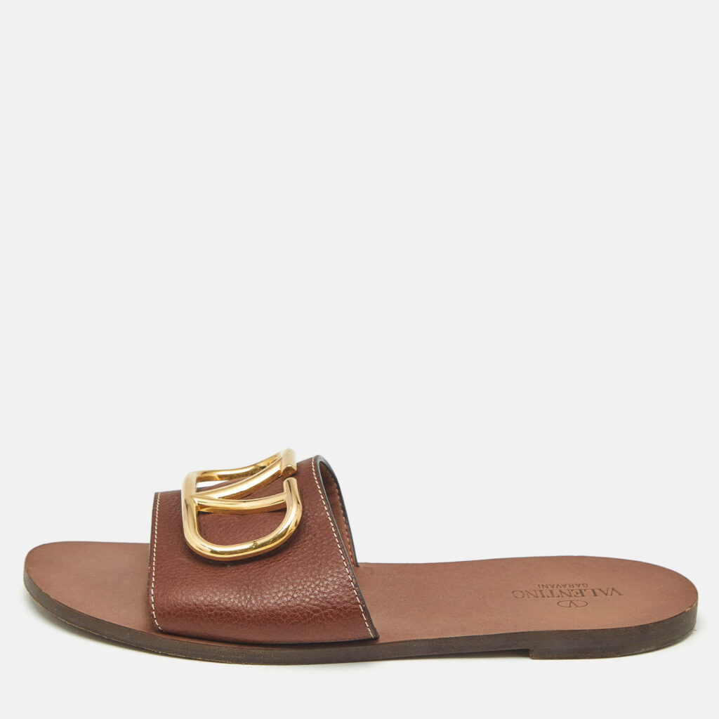 Valentino Brown Leather Escape VLogo Flat Slides Size 39 Valentino Brown Leather Escape VLogo Flat Slides Size 39