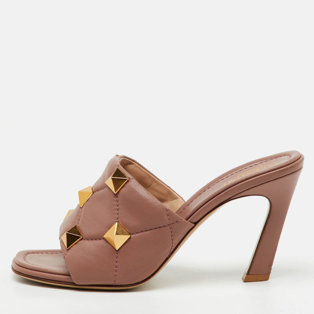 Valentino Dusty Pink Leather Roman Stud Slide Sandals Size 38.5