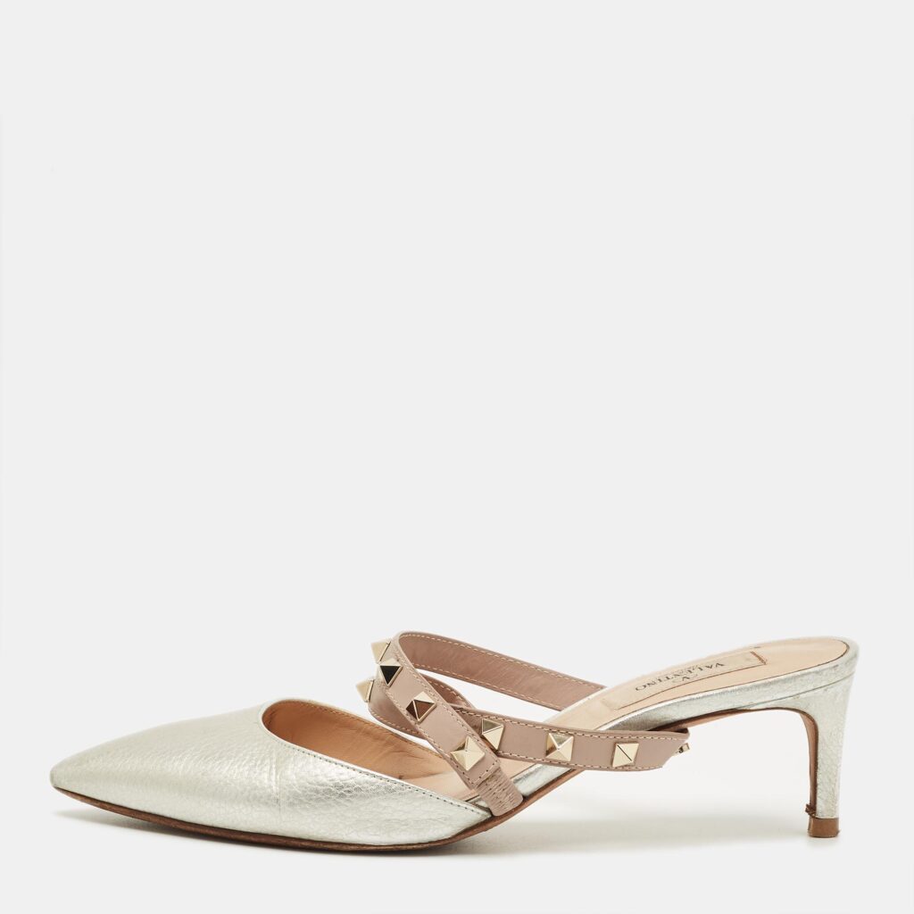 Valentino Beige/Silver Leather and Leather Rockstud Mules Size 37