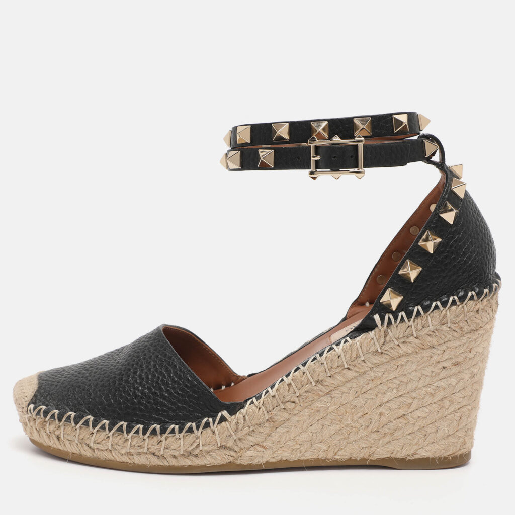 Valentino Black Leather Rockstud Wedge Espadrille Ankle Wrap Pumps Size 35