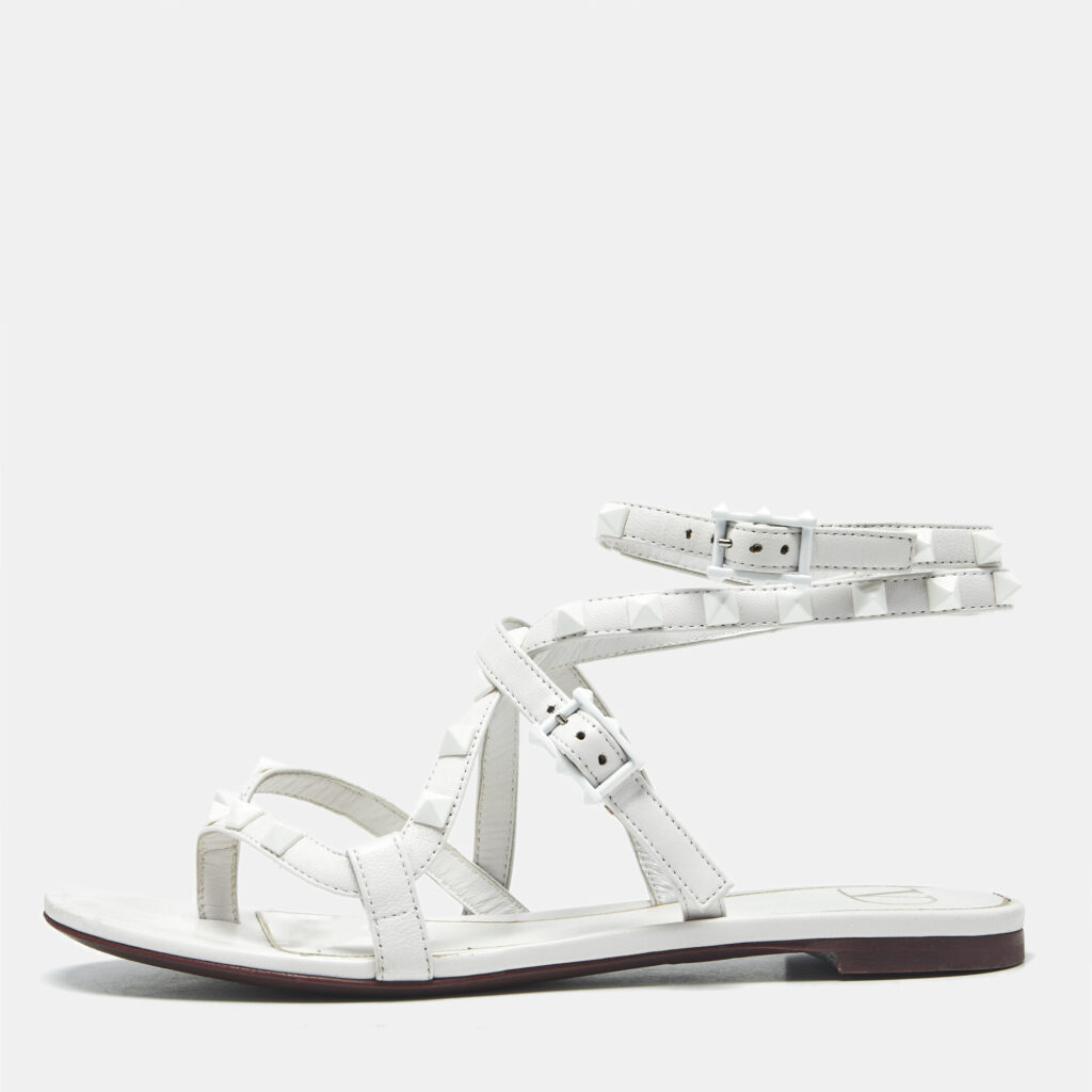 Valentino White Leather Rockstud Ankle Strap Flat Sandals Size 36 Valentino White Leather Rockstud Ankle Strap Flat Sandals Size 36