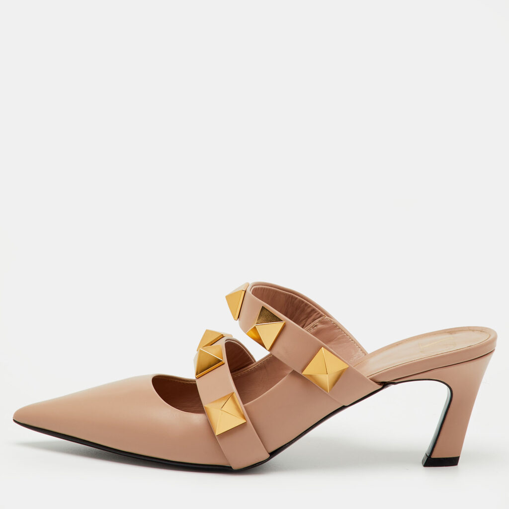 Valentino Beige Leather Roman Stud Pointed Toe Mules Size 39.5