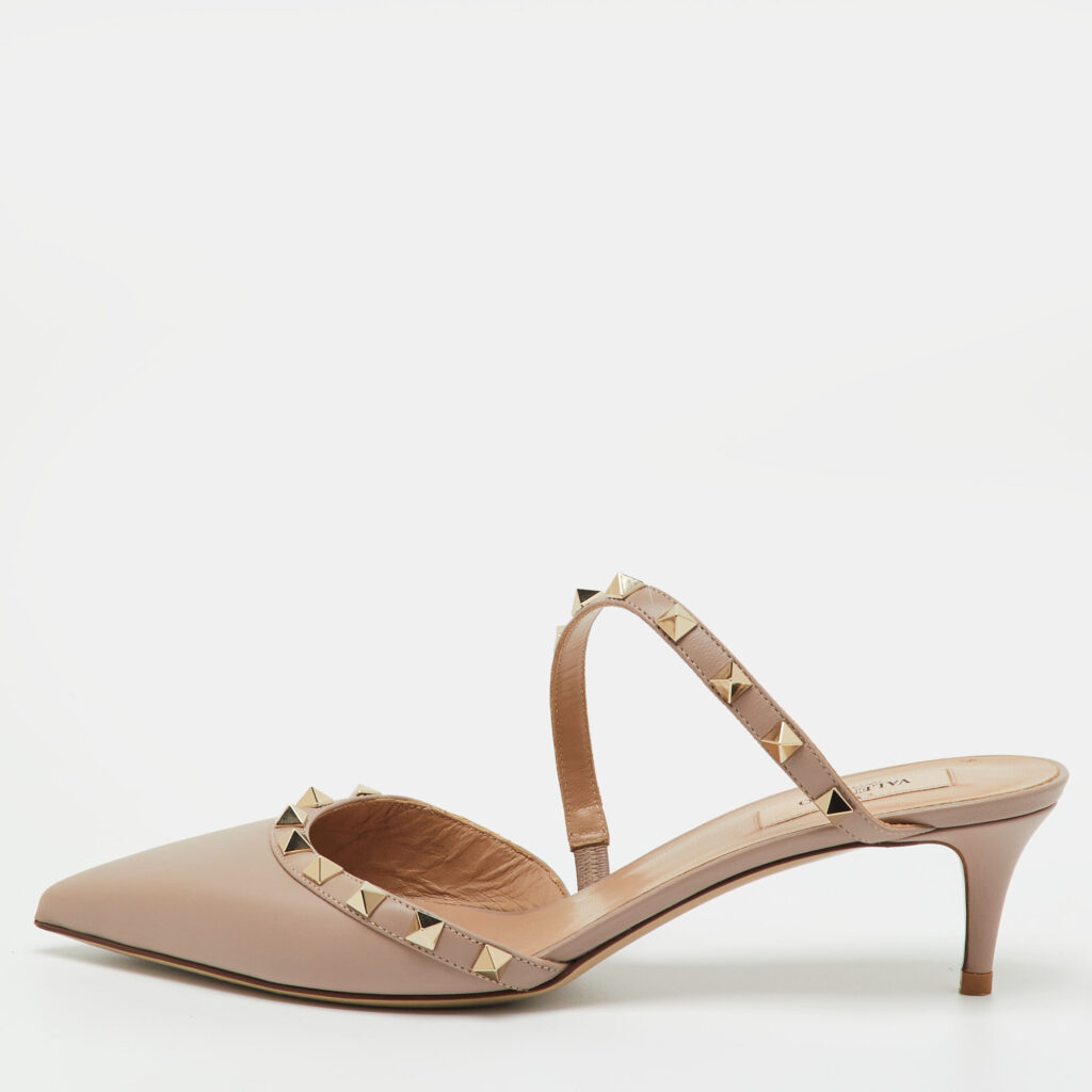 Valentino Beige Leather Rockstud Heel Mules Size 39.5