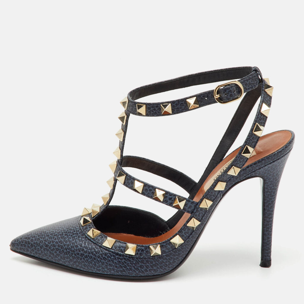 Valentino Navy Blue Leather Rockstud Ankle Strap Pumps Size 36