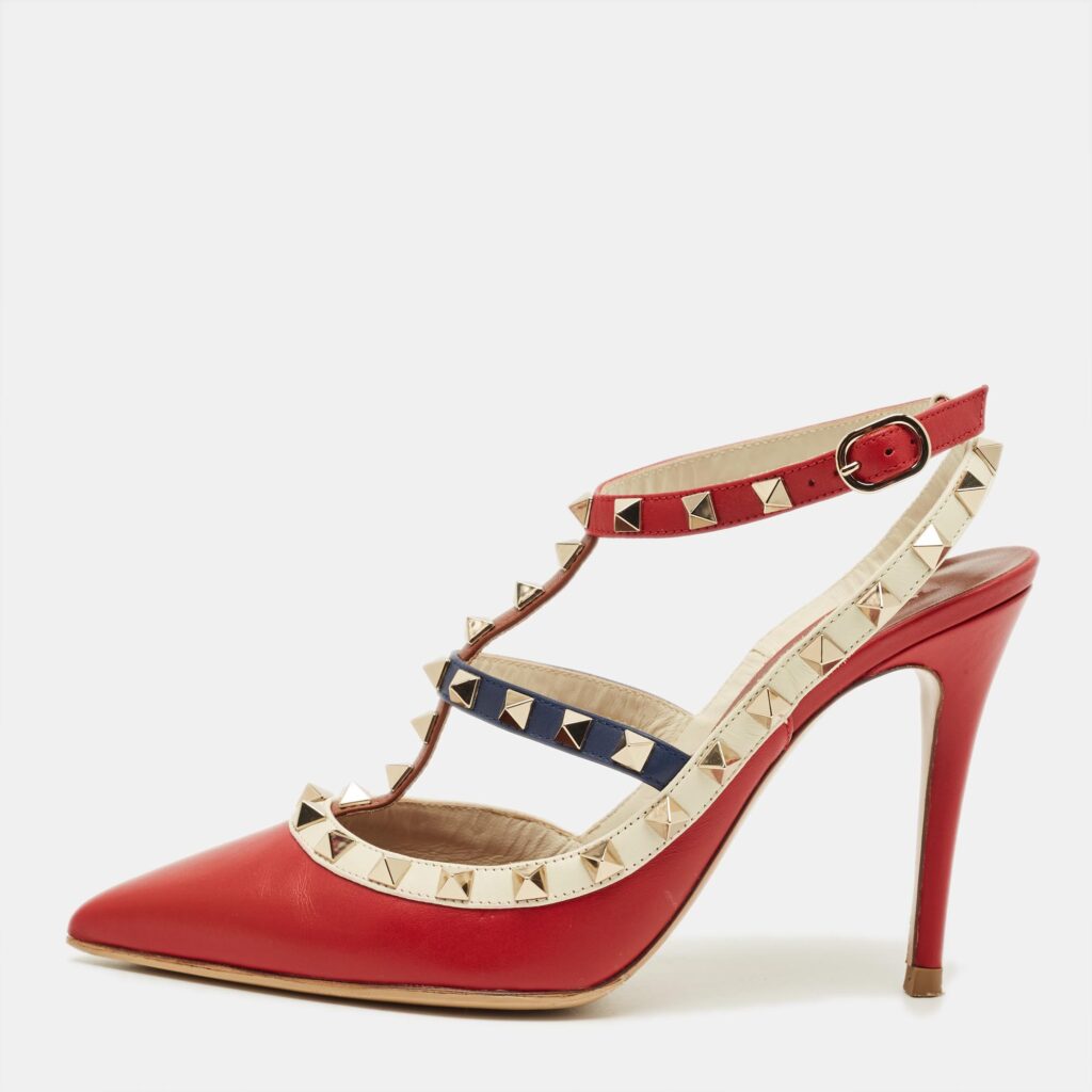Valentino Red/Beige Patent Leather Rockstud Ankle Strap Pumps Size 37.5 Valentino Red/Beige Patent Leather Rockstud Ankle Strap Pumps Size 37.5
