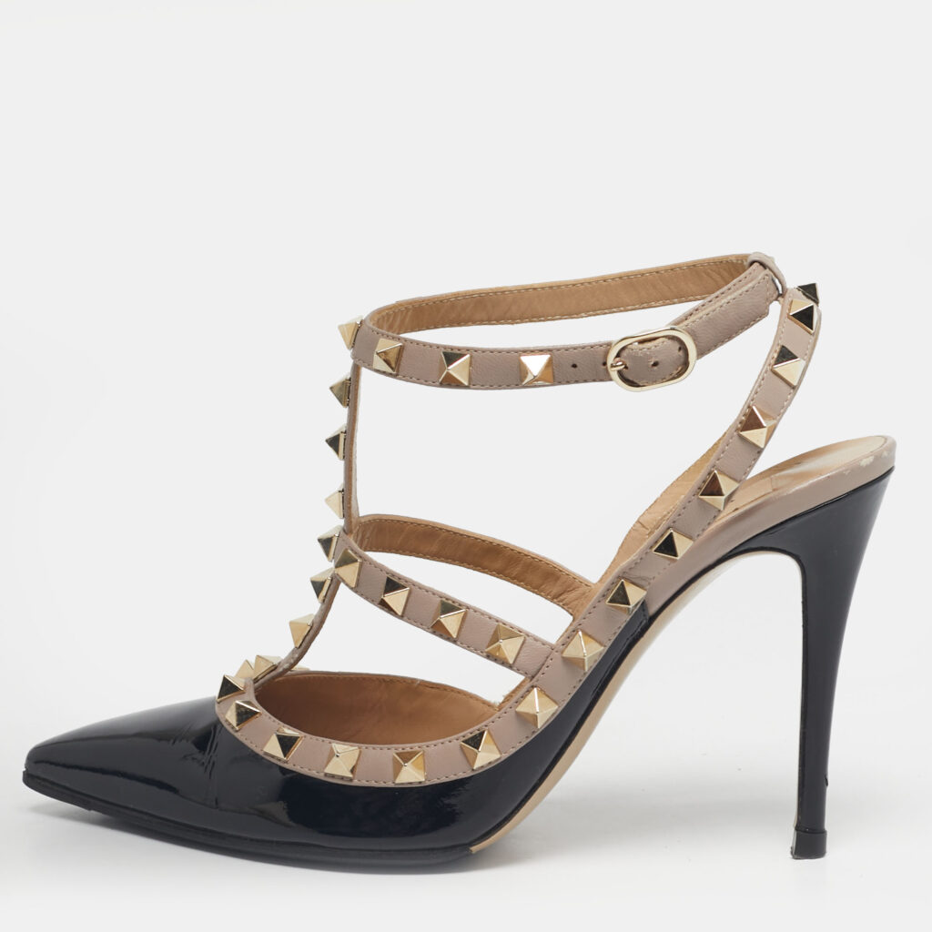 Valentino Black/Beige Leather and Patent Rockstud Ankle Strap Pumps Size 37.5