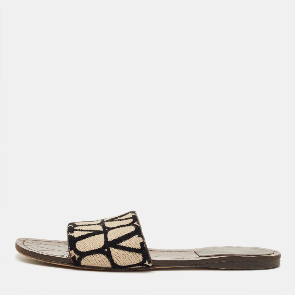 Valentino Beige/Black Iconographe Canvas Flat Slides Size 37.5